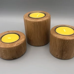 Three handmade wooden candle holders
